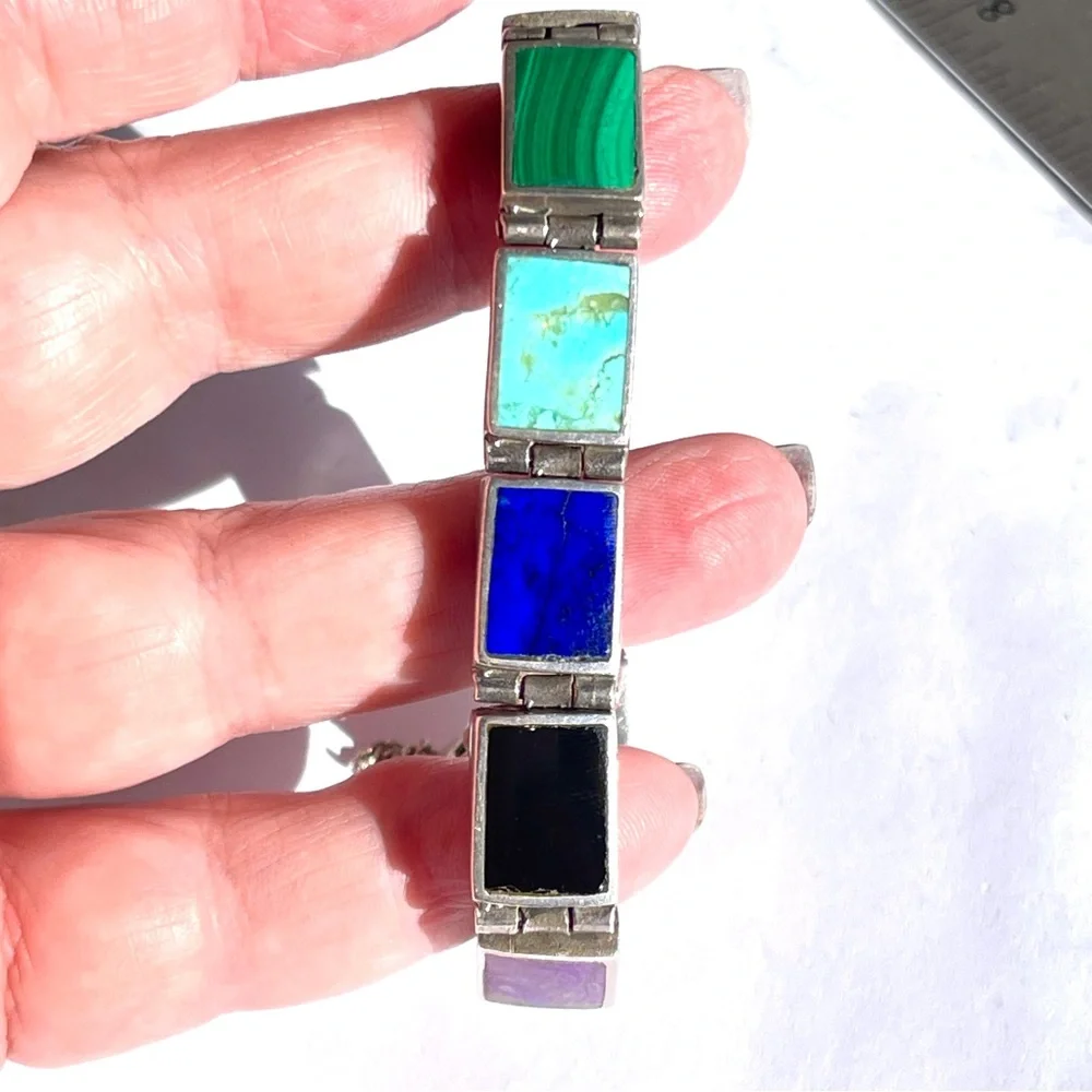 Vintage Taxco Sterling Silver Multiple Gemstone Rect. Panel Bracelet Reversible - Picture 9 of 17